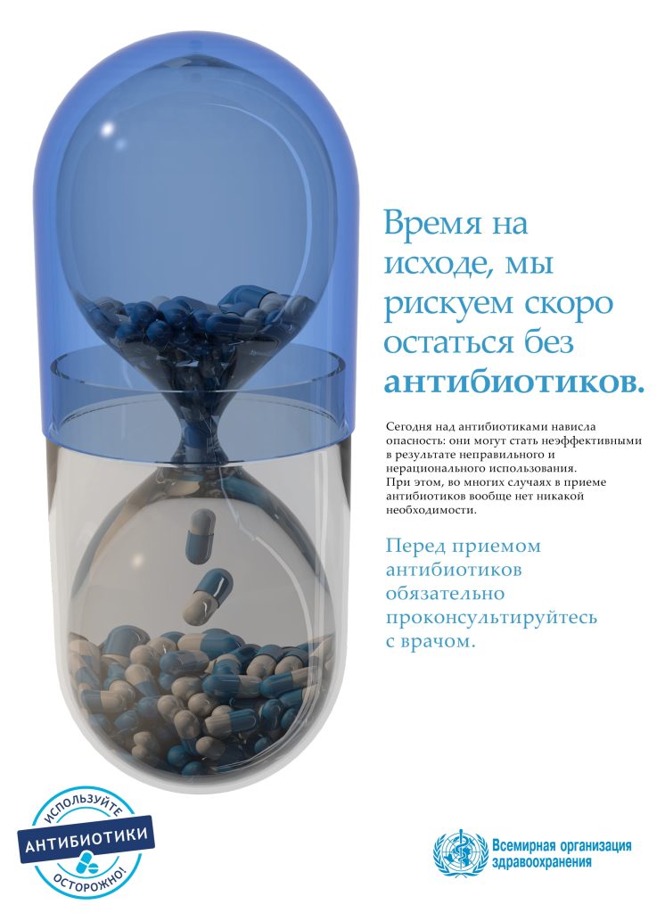 Плакат ВОЗ об опасности неправильного использования антибиотиков — капсула-песочные часы с падающими таблетками