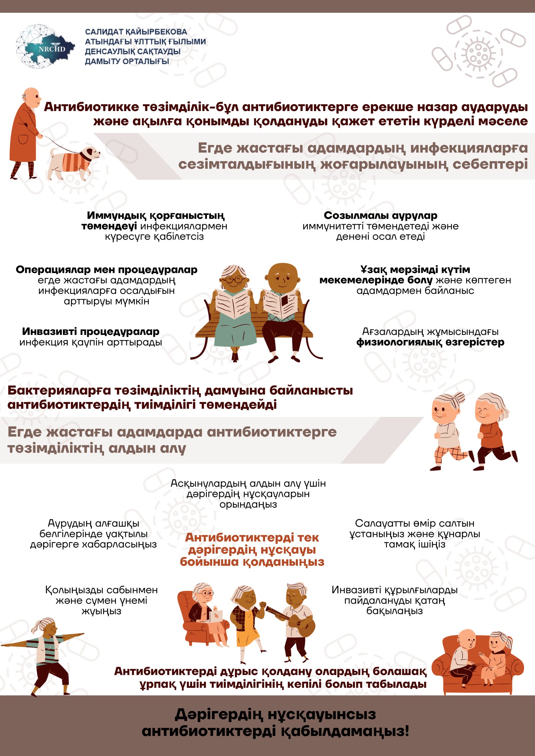 Ақпараттық плакат антибиотиктерге төзімділік және егде жастағы адамдар арасында инфекциялардың алдын алу туралы