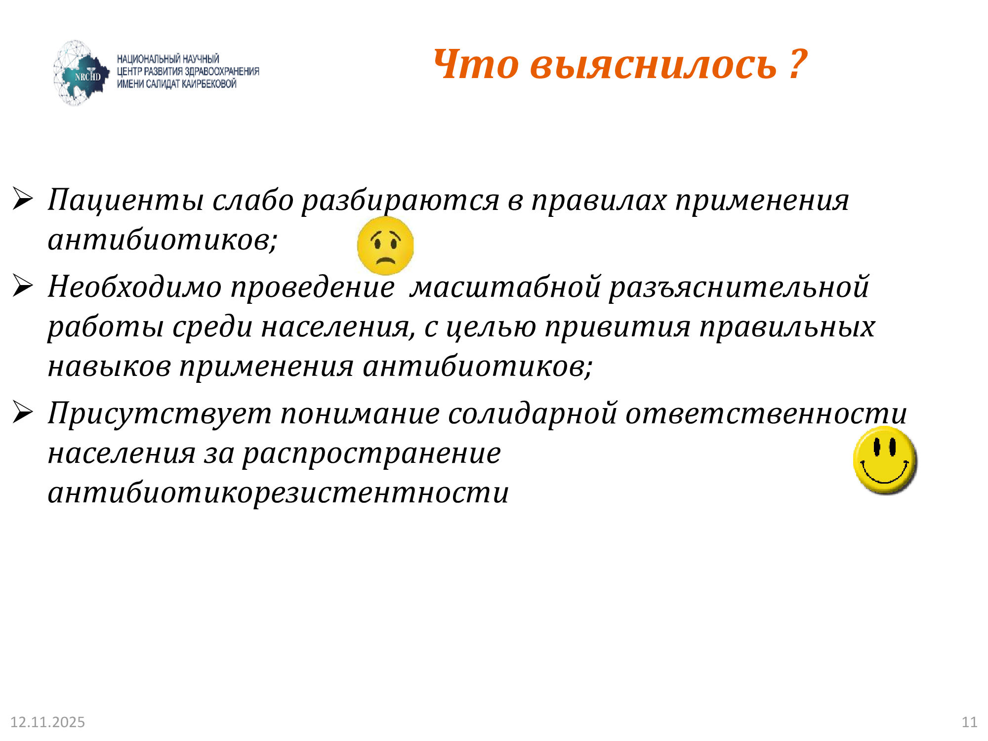 Слайд с итогами опроса о рациональном применении антибиотиков среди населения