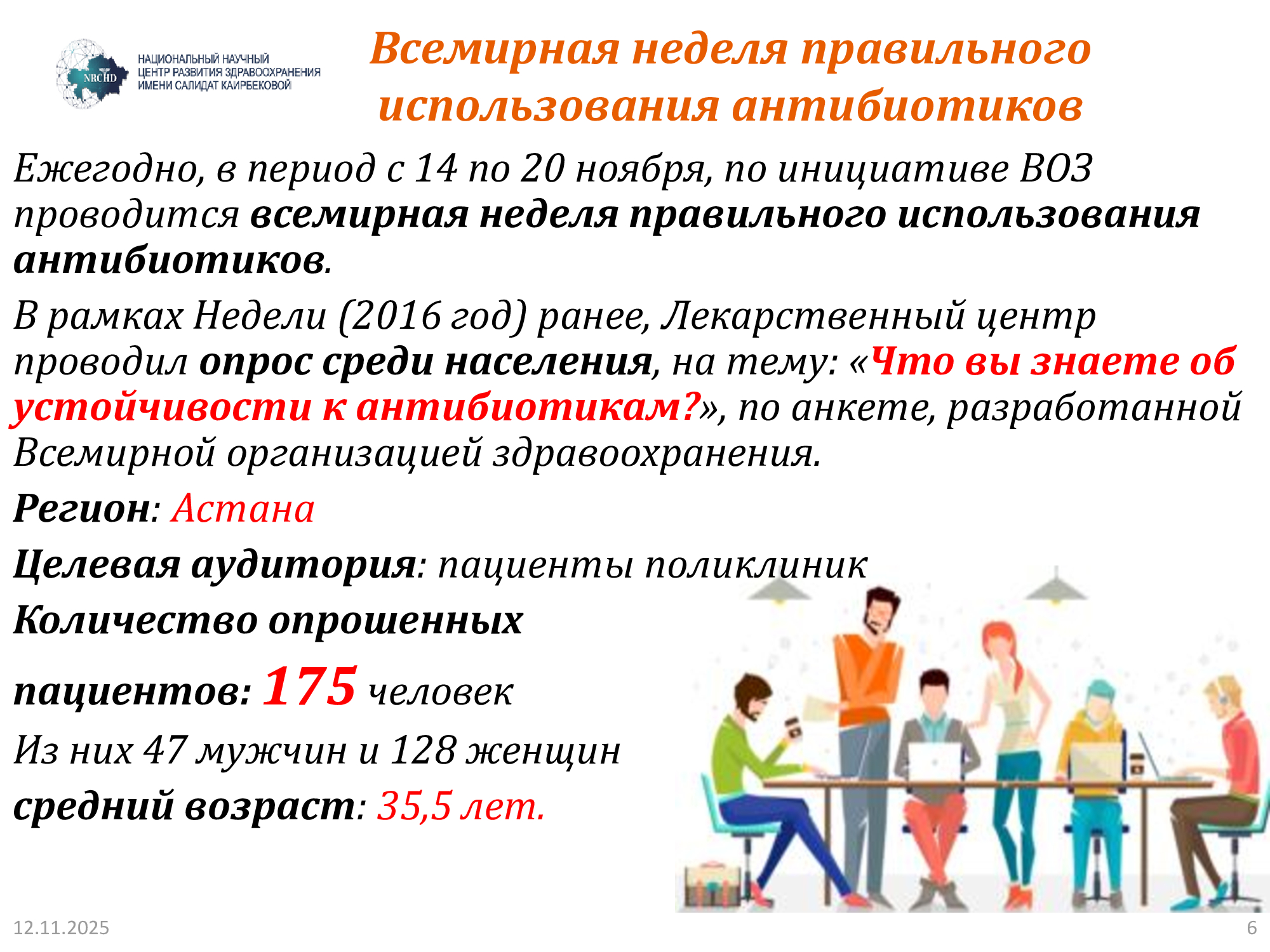 Слайд о Всемирной неделе правильного использования антибиотиков с информацией о проведении опроса в Астане