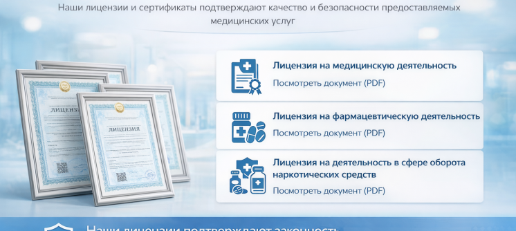 Лицензии и сертификаты медицинской клиники: лицензия на медицинскую деятельность, лицензия на фармацевтическую деятельность и лицензия на деятельность в сфере оборота наркотических средств.
