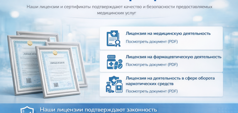 Лицензии и сертификаты медицинской клиники: лицензия на медицинскую деятельность, лицензия на фармацевтическую деятельность и лицензия на деятельность в сфере оборота наркотических средств.