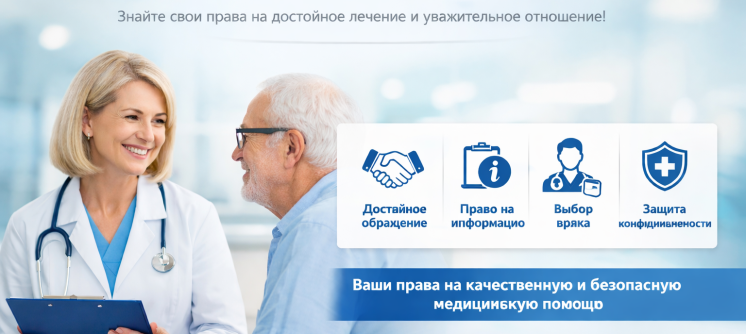 Права пациентов в медицинской клинике: врач консультирует пожилого пациента, основные права — достойное обращение, право на информацию, выбор врача и защита конфиденциальности.