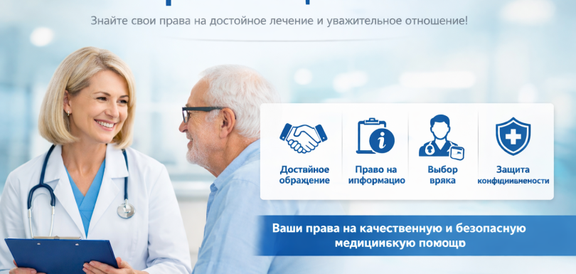 Права пациентов в медицинской клинике: врач консультирует пожилого пациента, основные права — достойное обращение, право на информацию, выбор врача и защита конфиденциальности.