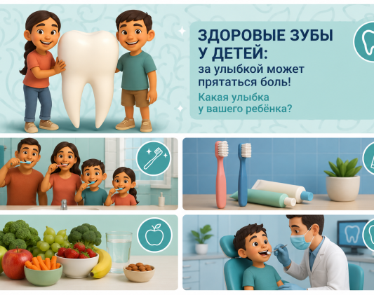 Инфографика о здоровье зубов у детей: гигиена, питание и профилактический осмотр у стоматолога