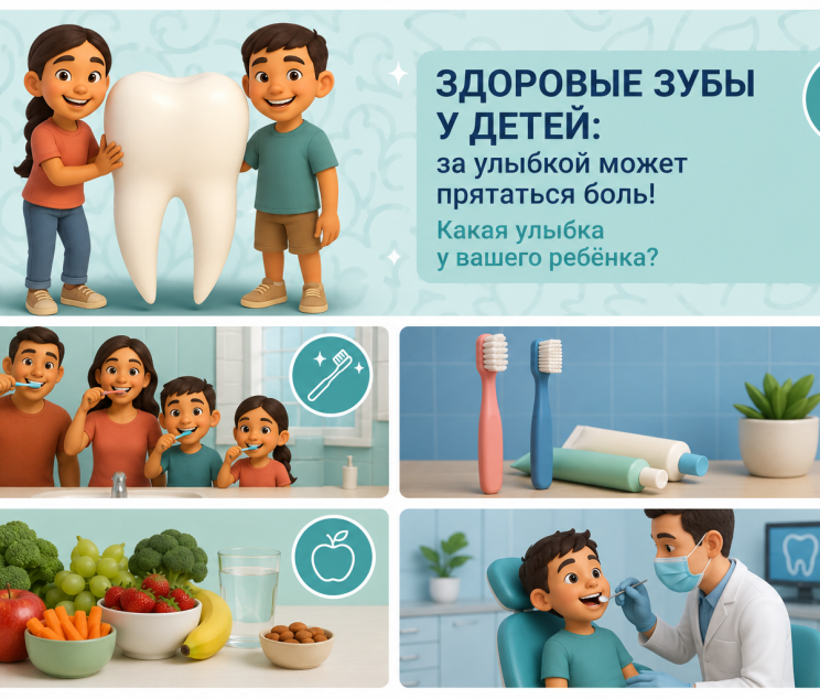 Инфографика о здоровье зубов у детей: гигиена, питание и профилактический осмотр у стоматолога