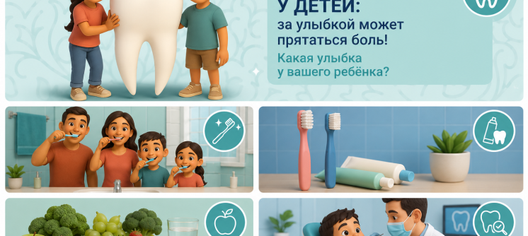 Инфографика о здоровье зубов у детей: гигиена, питание и профилактический осмотр у стоматолога