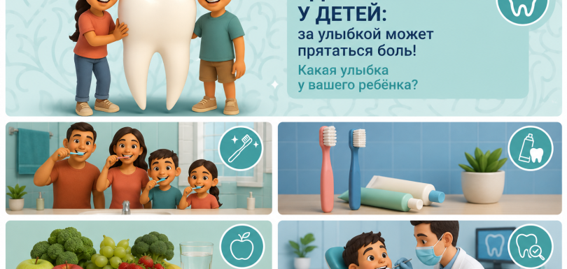 Инфографика о здоровье зубов у детей: гигиена, питание и профилактический осмотр у стоматолога