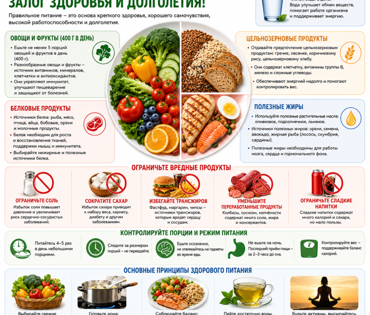 Большая инфографика о здоровом питании: овощи, фрукты, цельнозерновые продукты, белки, полезные жиры, вода и рекомендации по ограничению соли, сахара и вредных продуктов