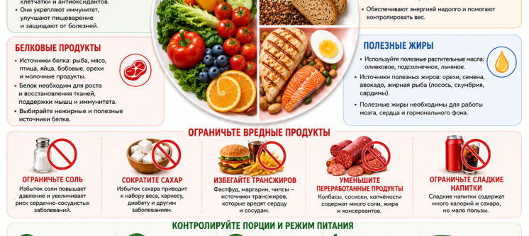 Большая инфографика о здоровом питании: овощи, фрукты, цельнозерновые продукты, белки, полезные жиры, вода и рекомендации по ограничению соли, сахара и вредных продуктов