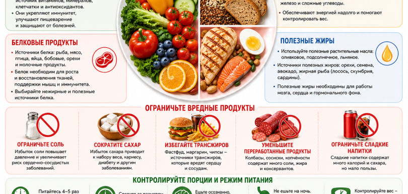 Большая инфографика о здоровом питании: овощи, фрукты, цельнозерновые продукты, белки, полезные жиры, вода и рекомендации по ограничению соли, сахара и вредных продуктов