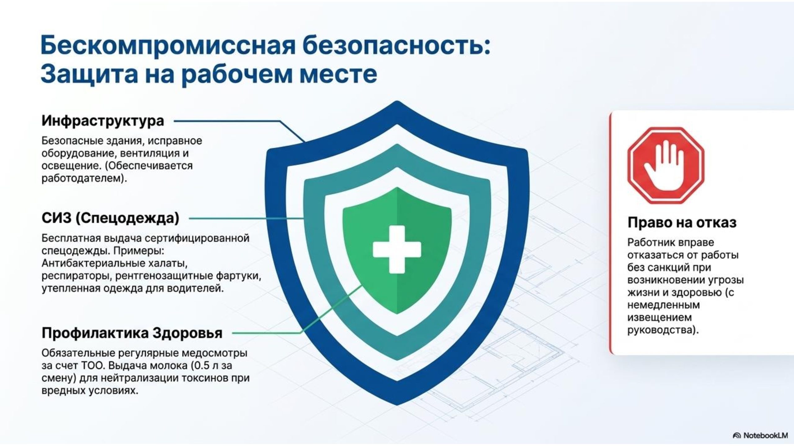 Слайд презентации «Бескомпромиссная безопасность: защита на рабочем месте», посвящённый охране труда медицинских работников. Инфографика раскрывает требования к безопасной инфраструктуре, обеспечению средствами индивидуальной защиты, профилактике здоровья персонала и праву работника отказаться от выполнения опасной работы при угрозе жизни и здоровью.